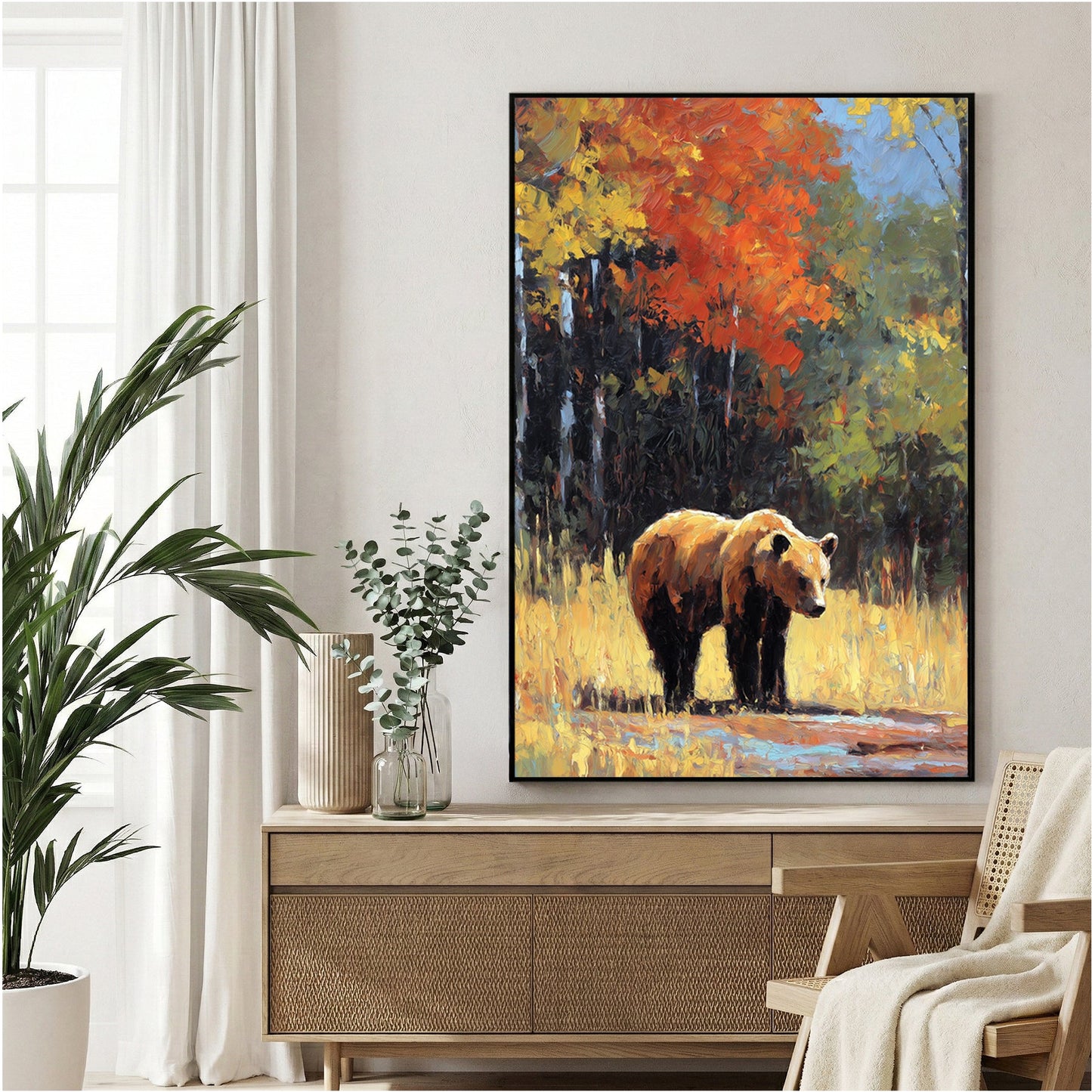 Bear illustration in autumn woodland with red-orange foliage and golden light
