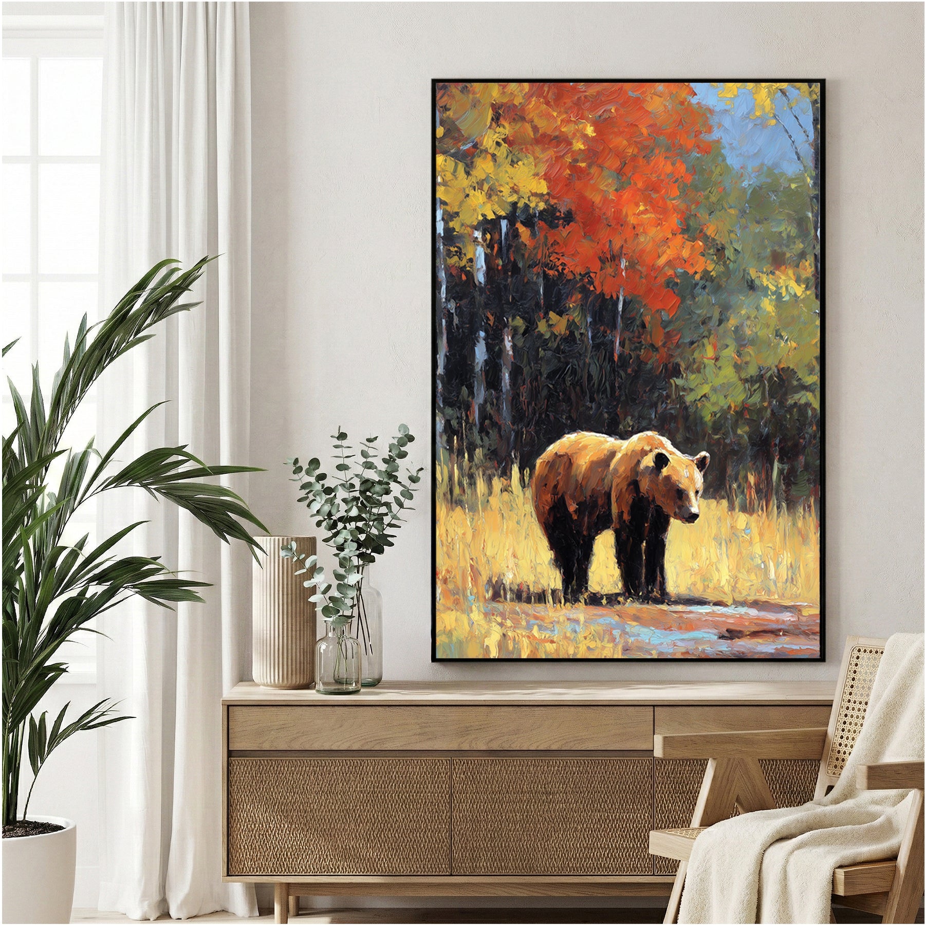 Bear illustration in autumn woodland with red-orange foliage and golden light