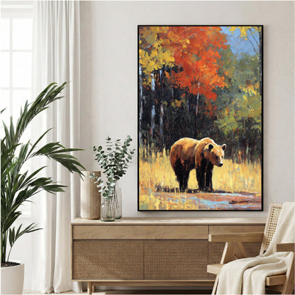 Bear illustration in autumn woodland with red-orange foliage and golden light
