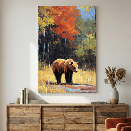 Bear illustration in autumn woodland with red-orange foliage and golden light