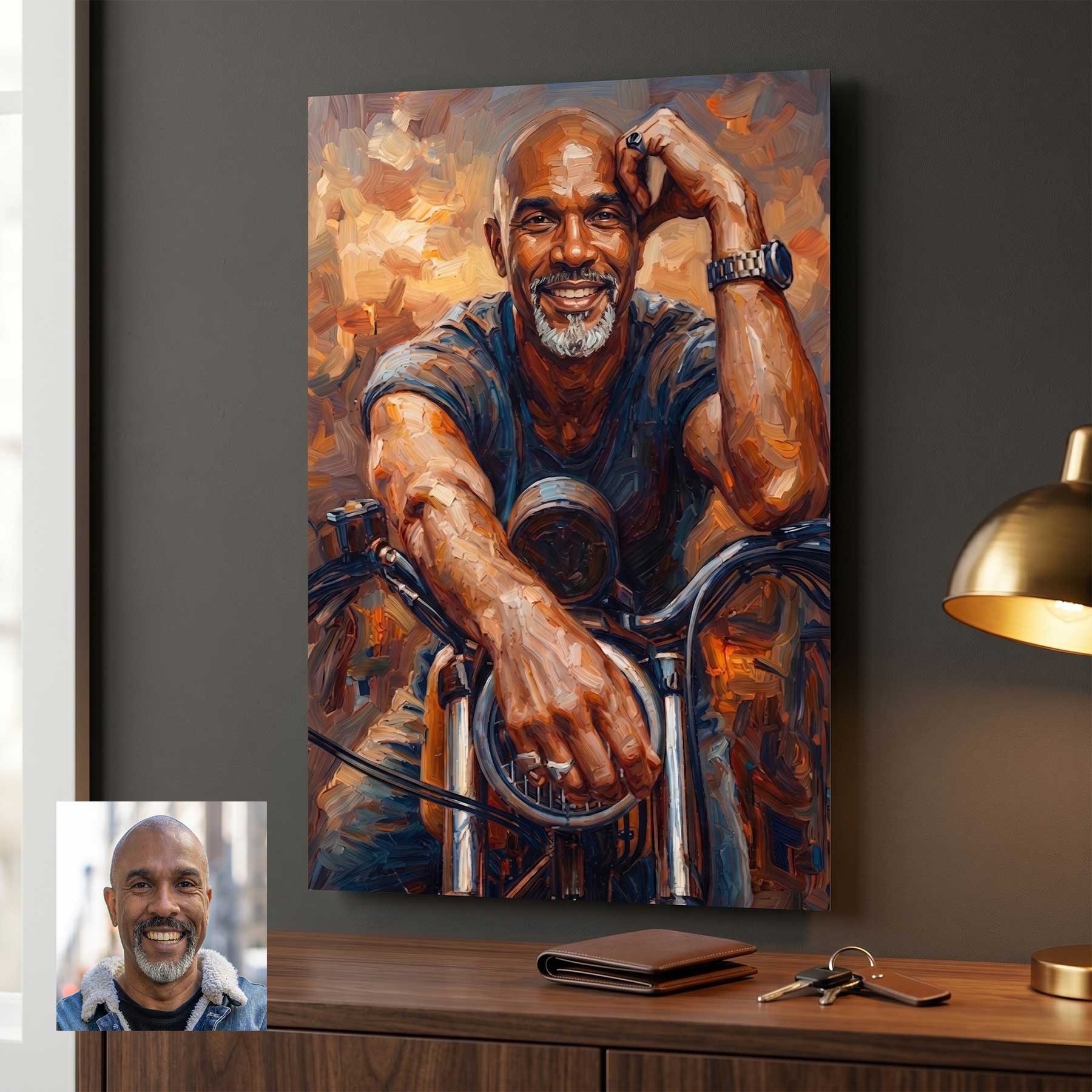 Custom motorcycle portrait in painterly style printed on metal — personalized wall art from your photo
