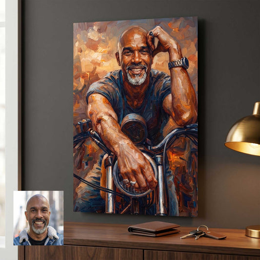 Custom motorcycle portrait in painterly style printed on metal — personalized wall art from your photo