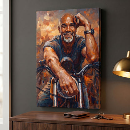 Custom motorcycle portrait in painterly style printed on canvas — personalized wall art from your photo