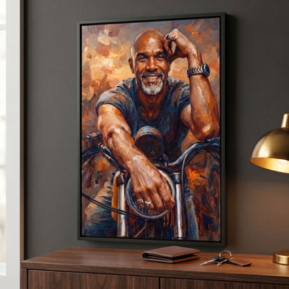 Custom motorcycle portrait in painterly style printed on black framed canvas — personalized wall art from your photo