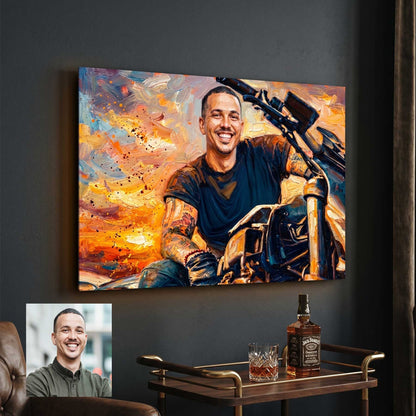 Custom motorcycle portrait in bold painterly style printed on metal — personalized wall art from your photo