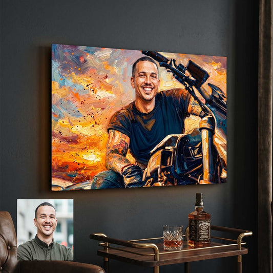 Custom motorcycle portrait in bold painterly style printed on metal — personalized wall art from your photo