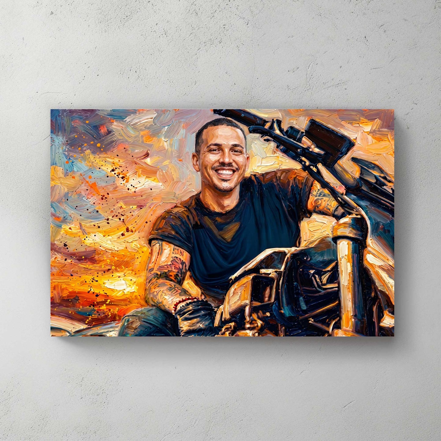 Custom motorcycle portrait in bold painterly style — personalized wall art from your photo