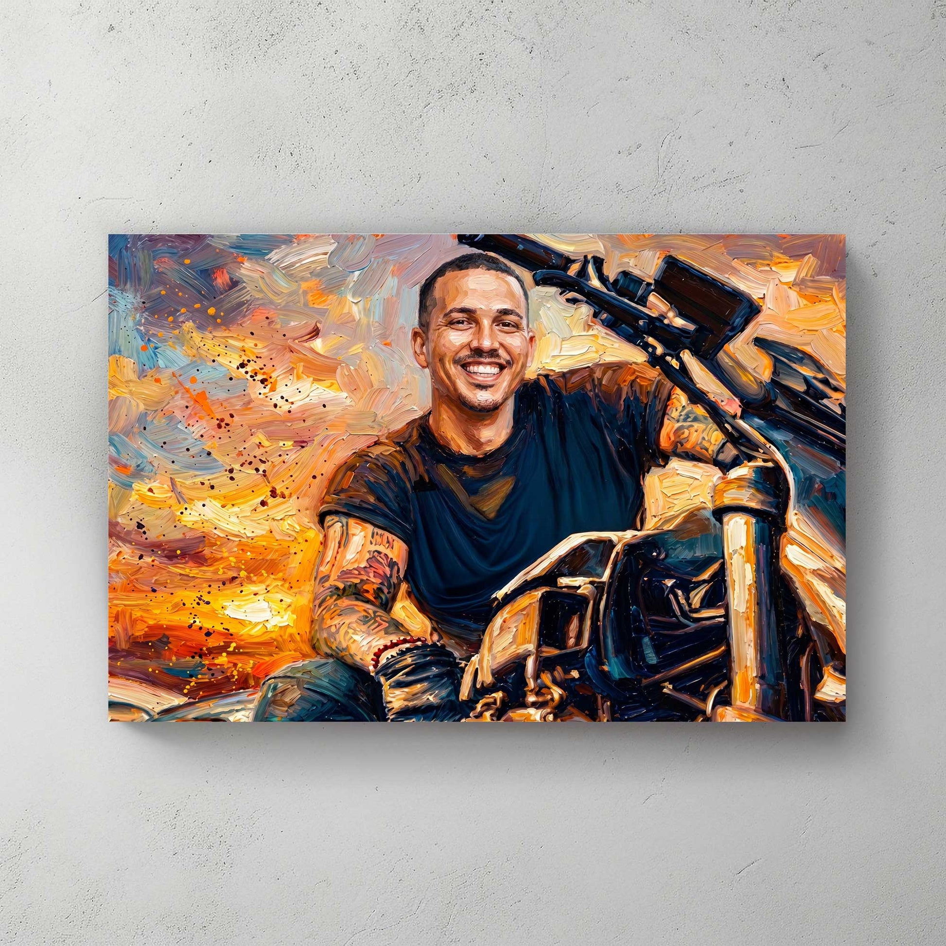 Custom motorcycle portrait in bold painterly style — personalized wall art from your photo