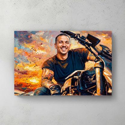 Custom motorcycle portrait in bold painterly style — personalized wall art from your photo