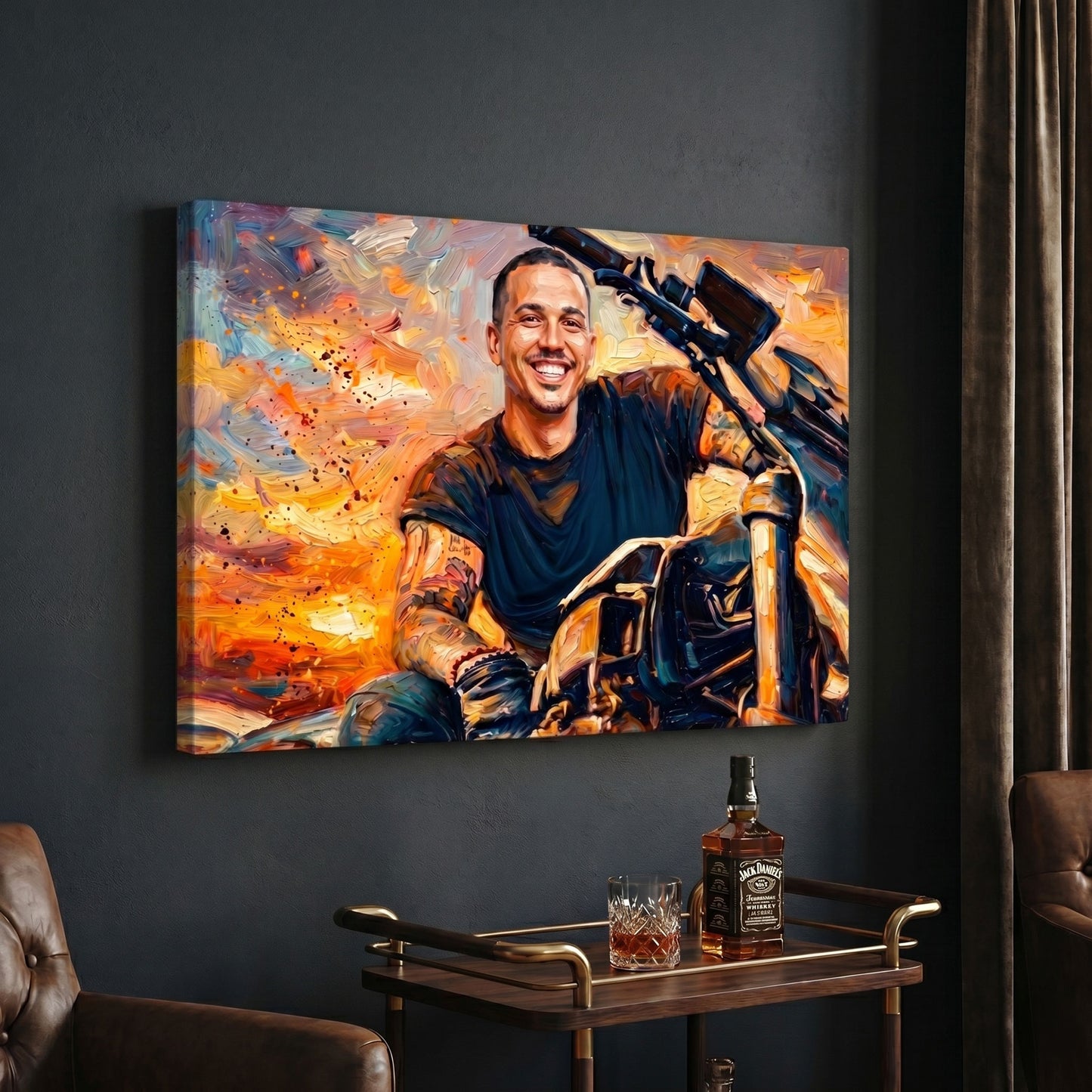 Custom motorcycle portrait in bold painterly style printed on canvas — personalized wall art from your photo