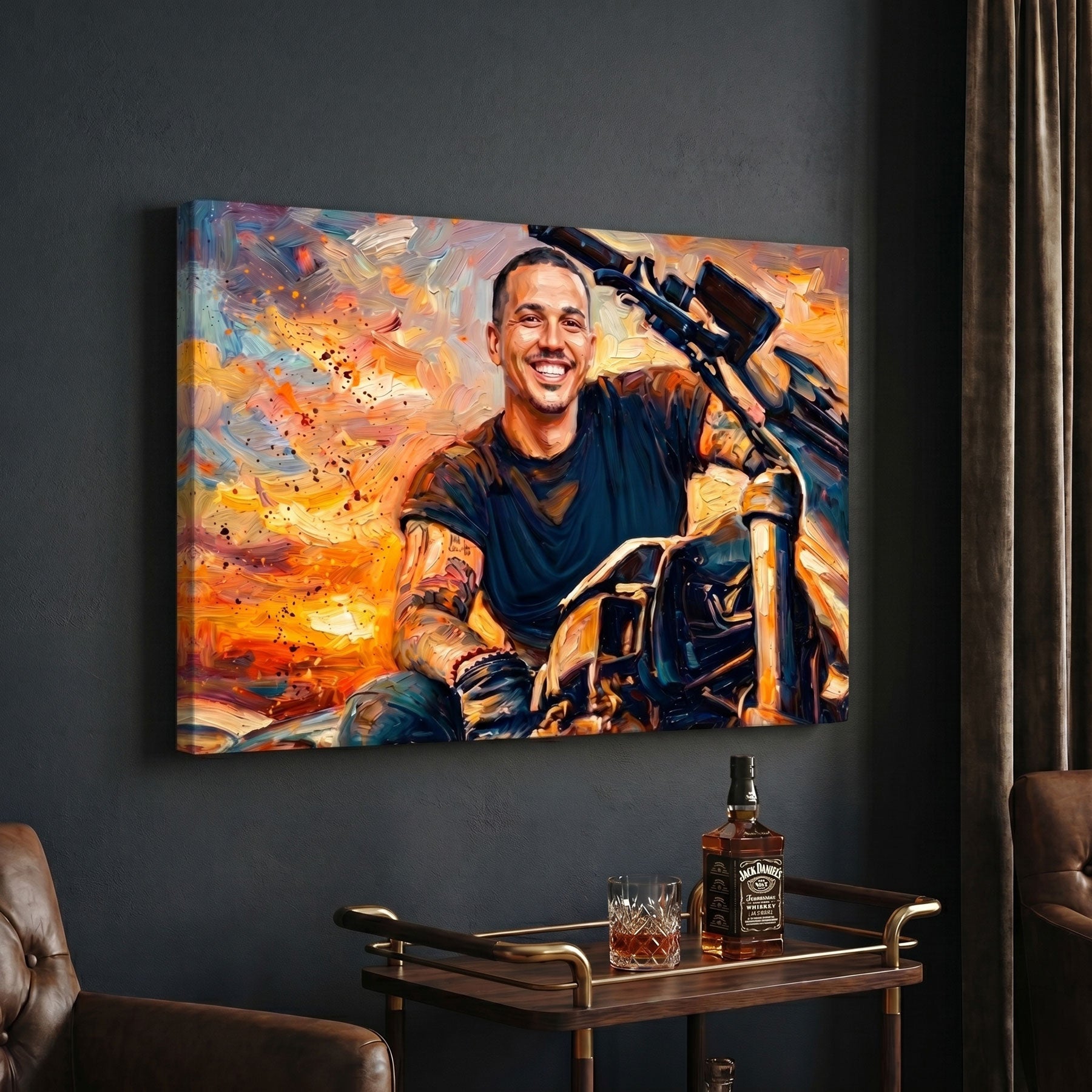 Custom motorcycle portrait in bold painterly style printed on canvas — personalized wall art from your photo