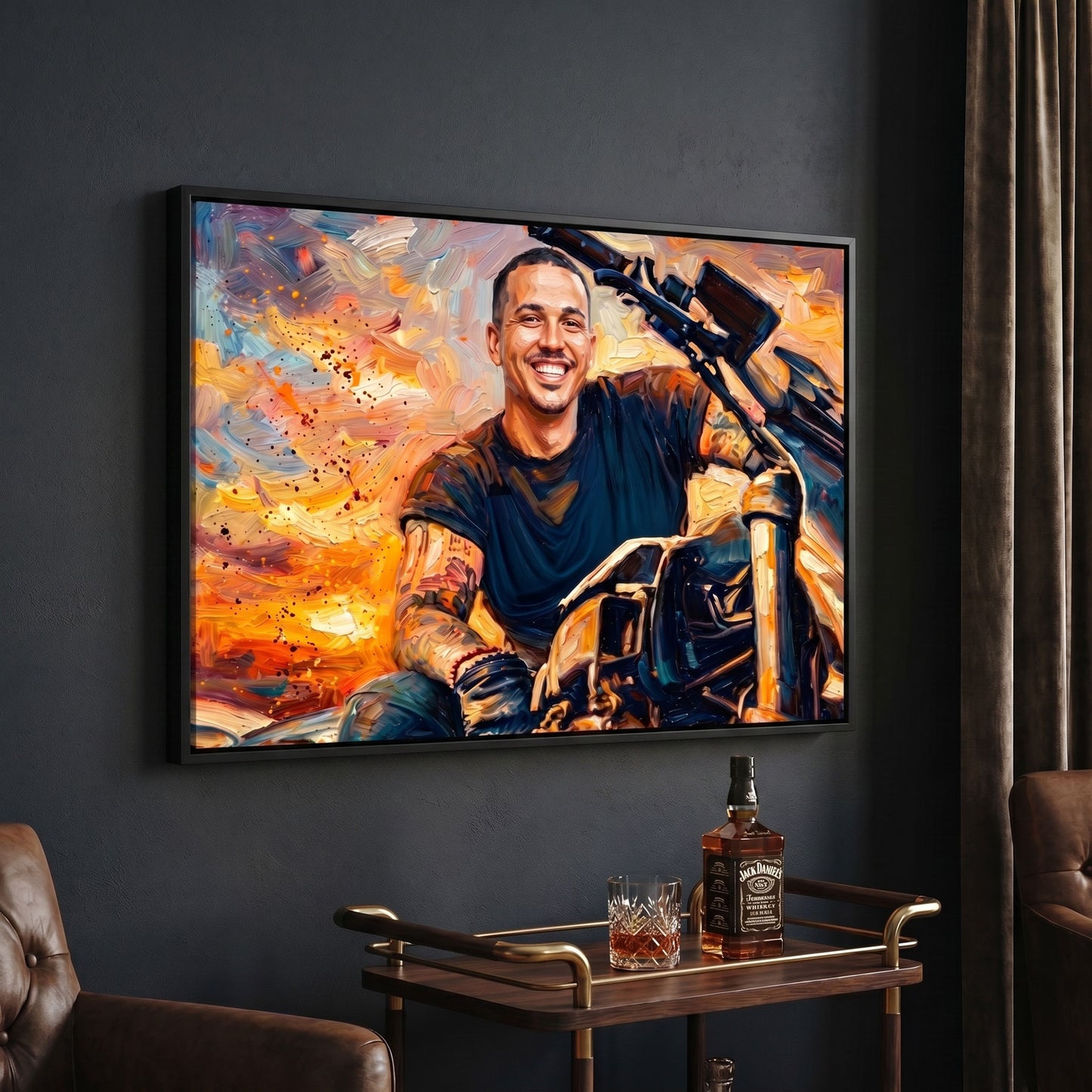 Custom motorcycle portrait in bold painterly style printed on black framed canvas — personalized wall art from your photo