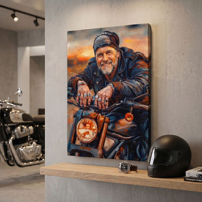 Custom motorcycle portrait in painterly style printed on canvas — personalized wall art from your photo
