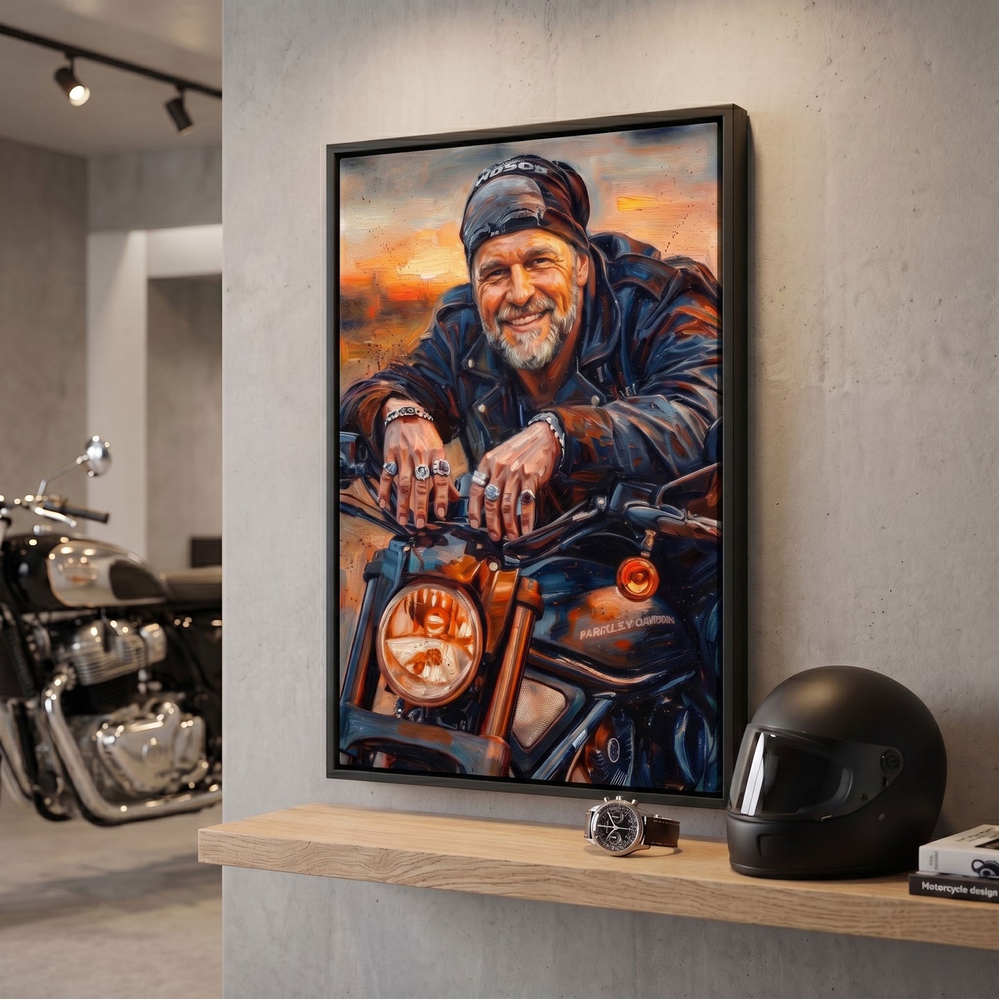 Custom motorcycle portrait in painterly style printed on black framed canvas — personalized wall art from your photo