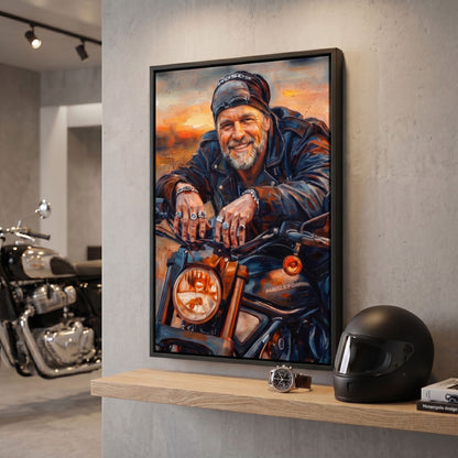 Custom motorcycle portrait in painterly style printed on black framed canvas — personalized wall art from your photo