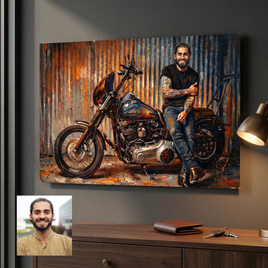 Custom motorcycle portrait in painterly style printed on metal — personalized wall art from your photo