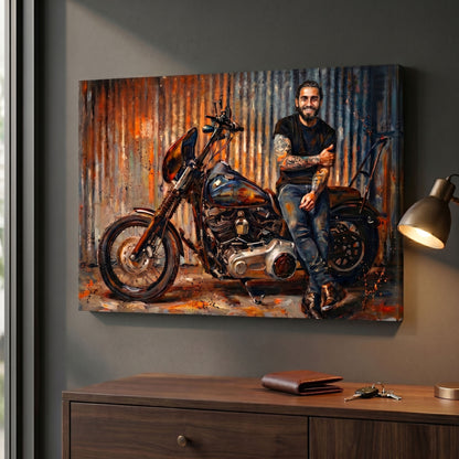 Custom motorcycle portrait in painterly style printed on canvas — personalized wall art from your photo