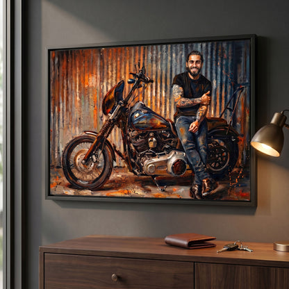 Custom motorcycle portrait in painterly style printed on black framed canvas — personalized wall art from your photo