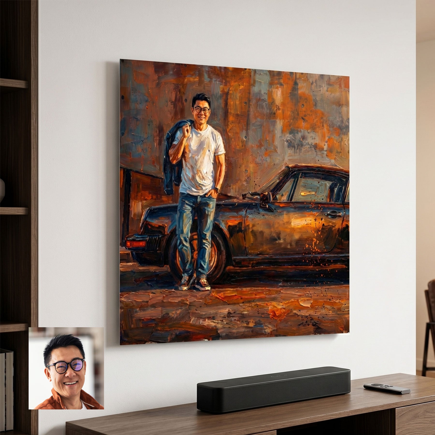 Custom classic car portrait in painterly style printed on metal — personalized wall art from your photo