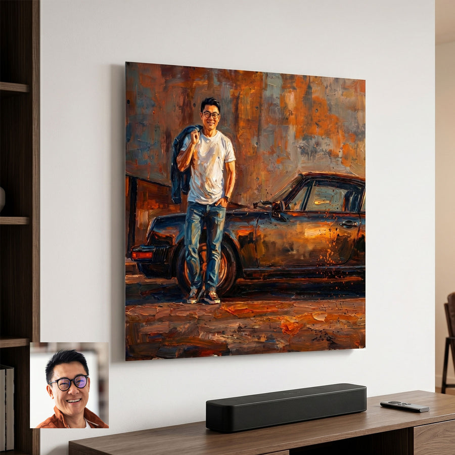 Custom classic car portrait in painterly style printed on metal — personalized wall art from your photo