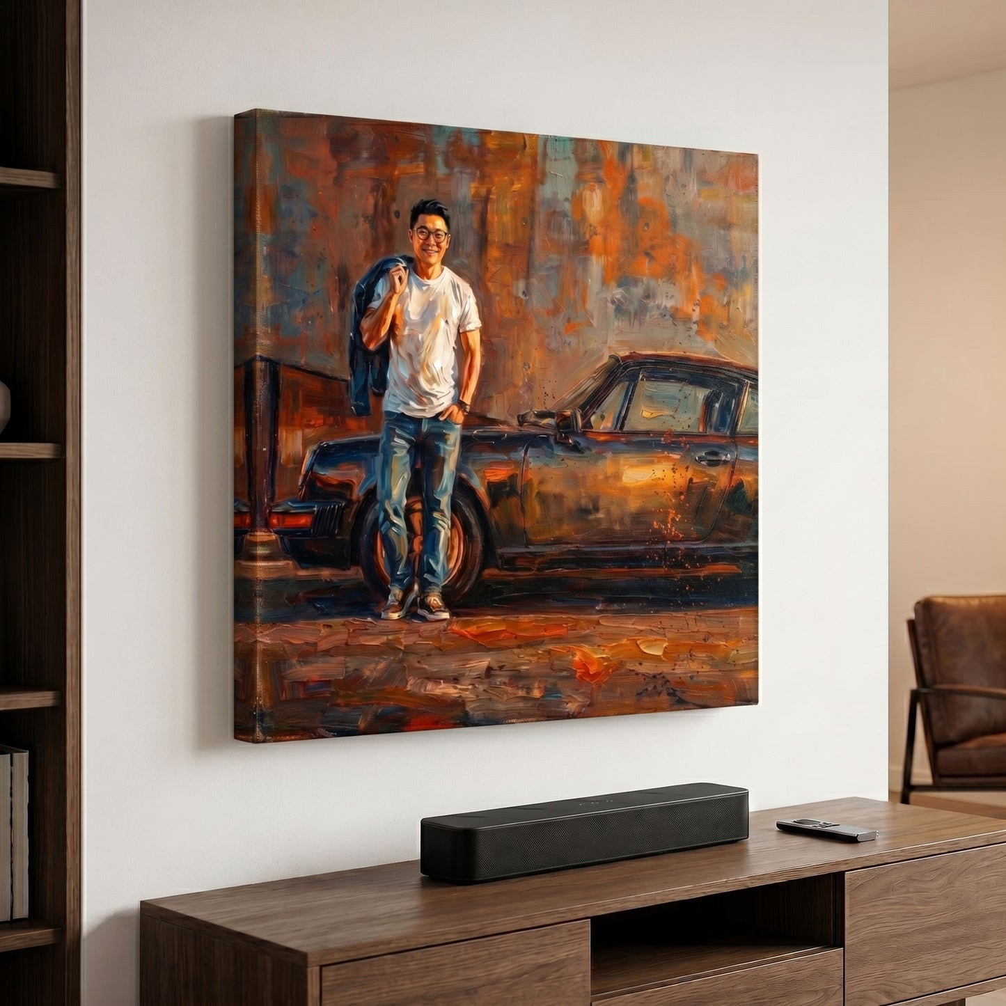 Custom classic car portrait in painterly style printed on canvas — personalized wall art from your photo