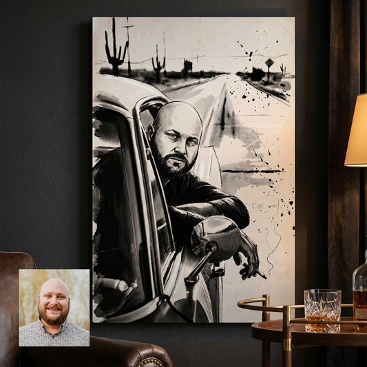 Custom road trip portrait in ink sketch style printed on metal — personalized wall art from your photo