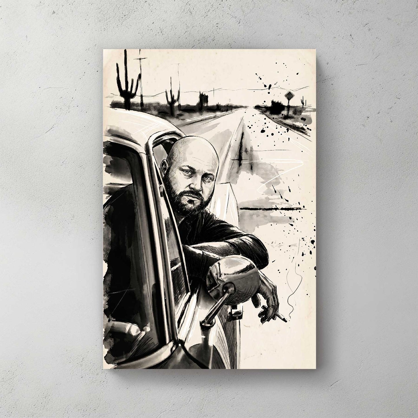 Custom road trip portrait in ink sketch style — personalized wall art from your photo