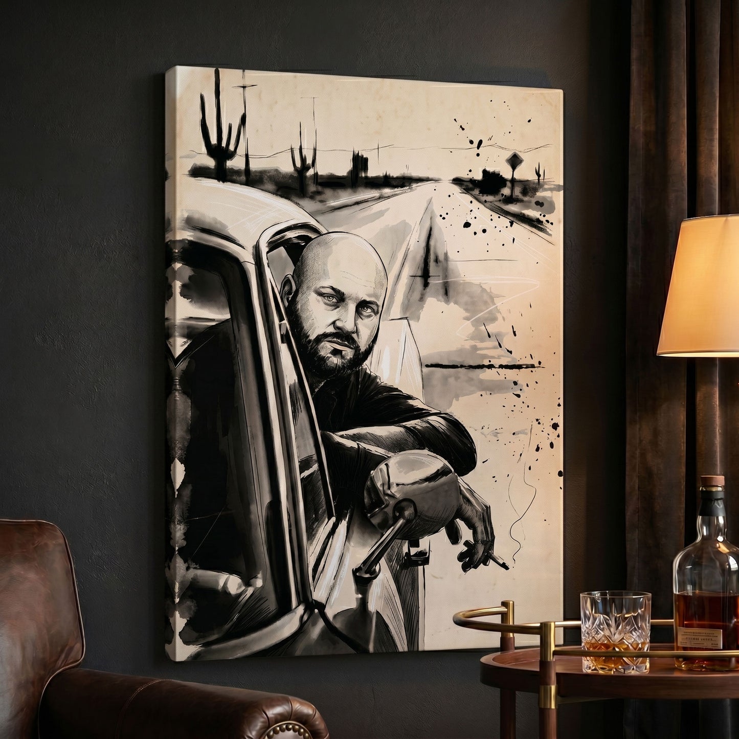 Custom road trip portrait in ink sketch style printed on canvas — personalized wall art from your photo