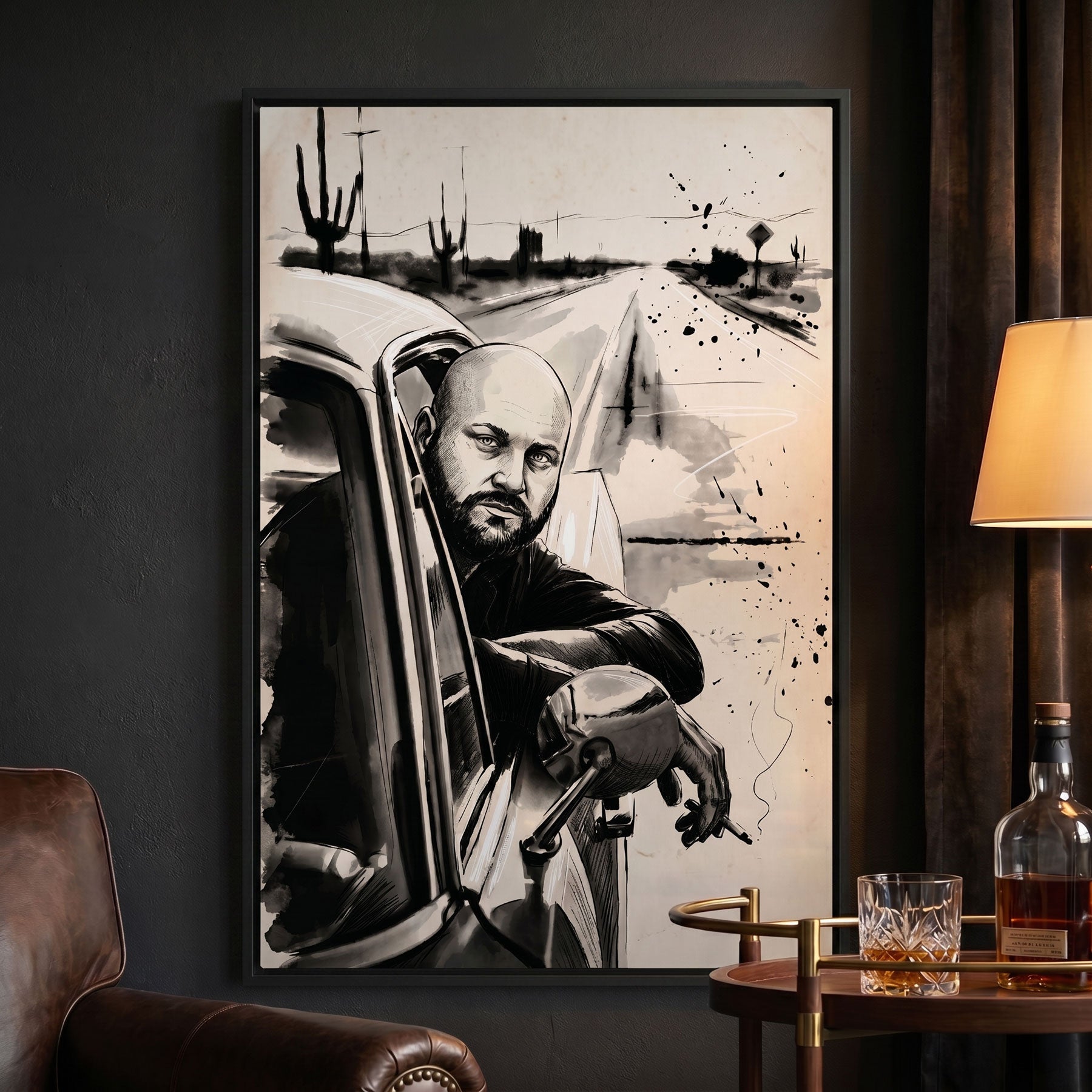 Custom road trip portrait in ink sketch style printed on black framed canvas — personalized wall art from your photo