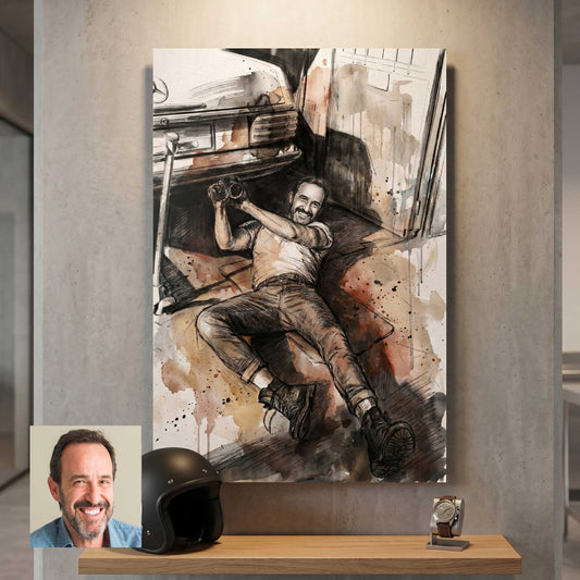 Custom lifestyle portrait in watercolour sketch style printed on metal — personalized wall art from your photo