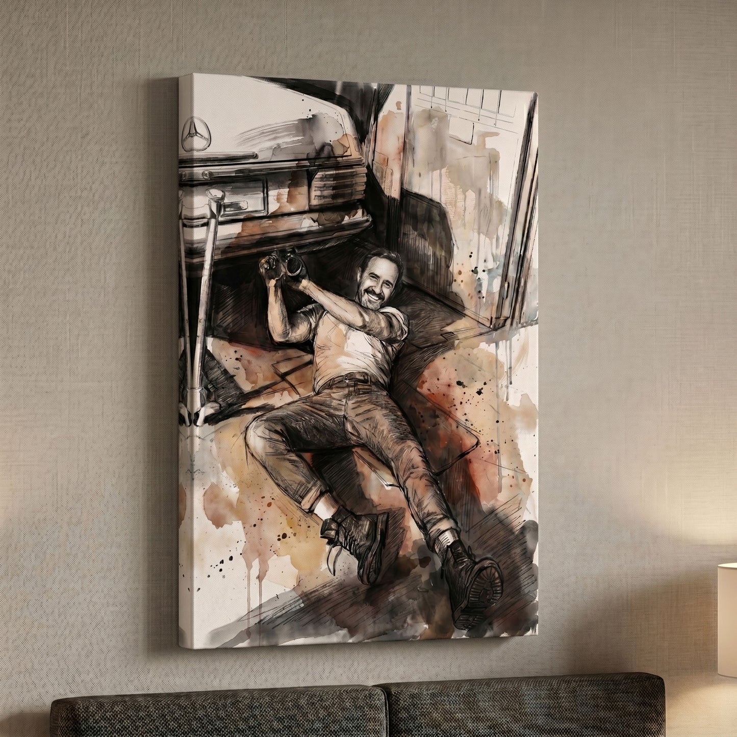 Custom lifestyle portrait in watercolour sketch style printed on canvas — personalized wall art from your photo