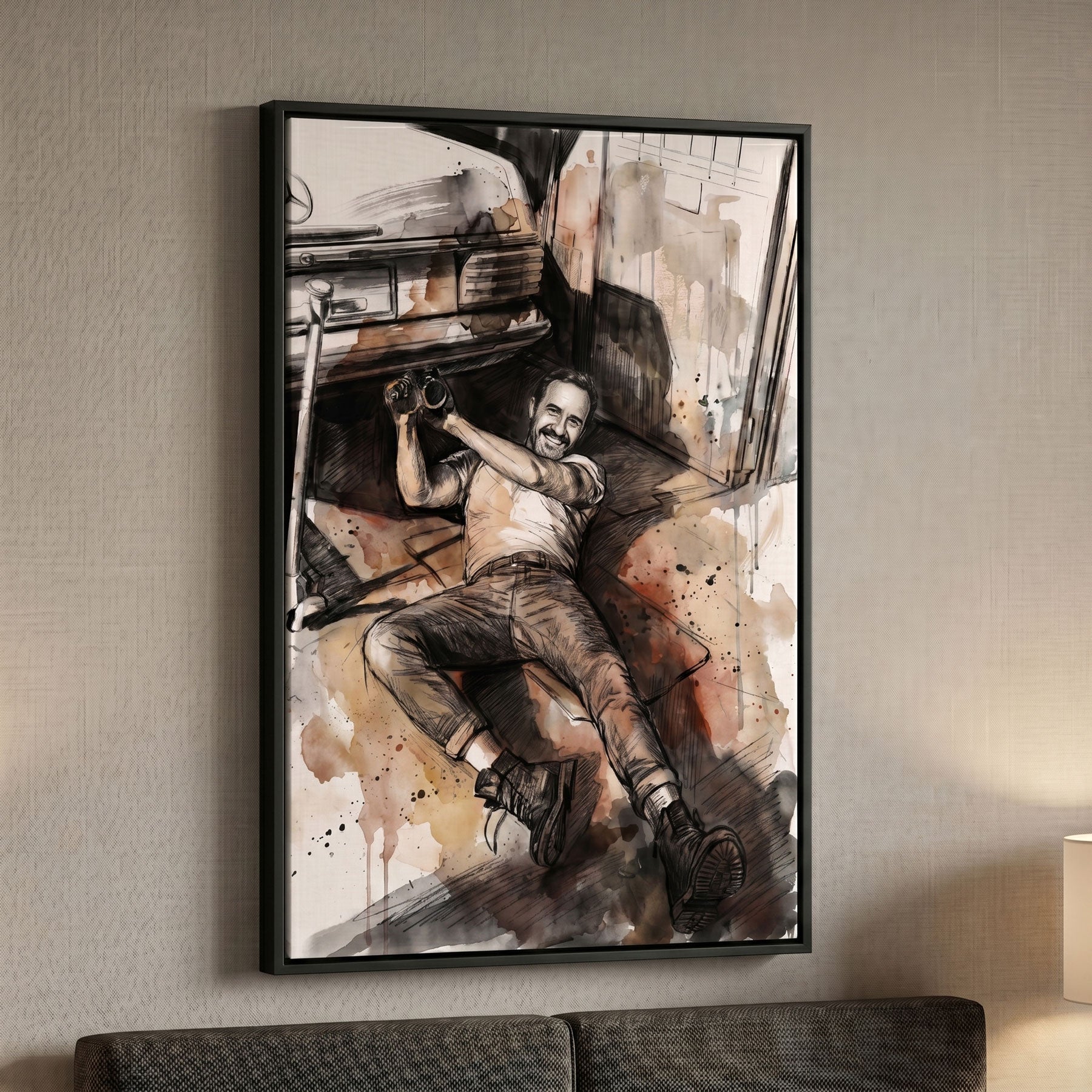 Custom lifestyle portrait in watercolour sketch style printed on black framed canvas — personalized wall art from your photo