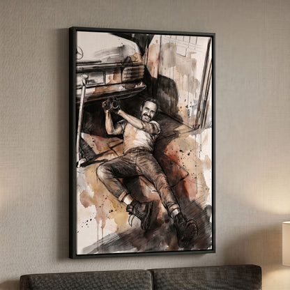 Custom lifestyle portrait in watercolour sketch style printed on black framed canvas — personalized wall art from your photo