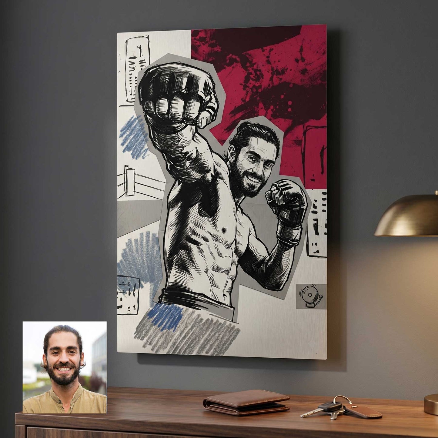 Custom fighter portrait in comic book style printed on metal — personalized wall art from your photo