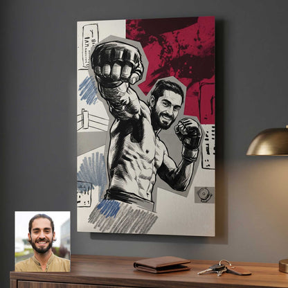 Custom fighter portrait in comic book style printed on metal — personalized wall art from your photo