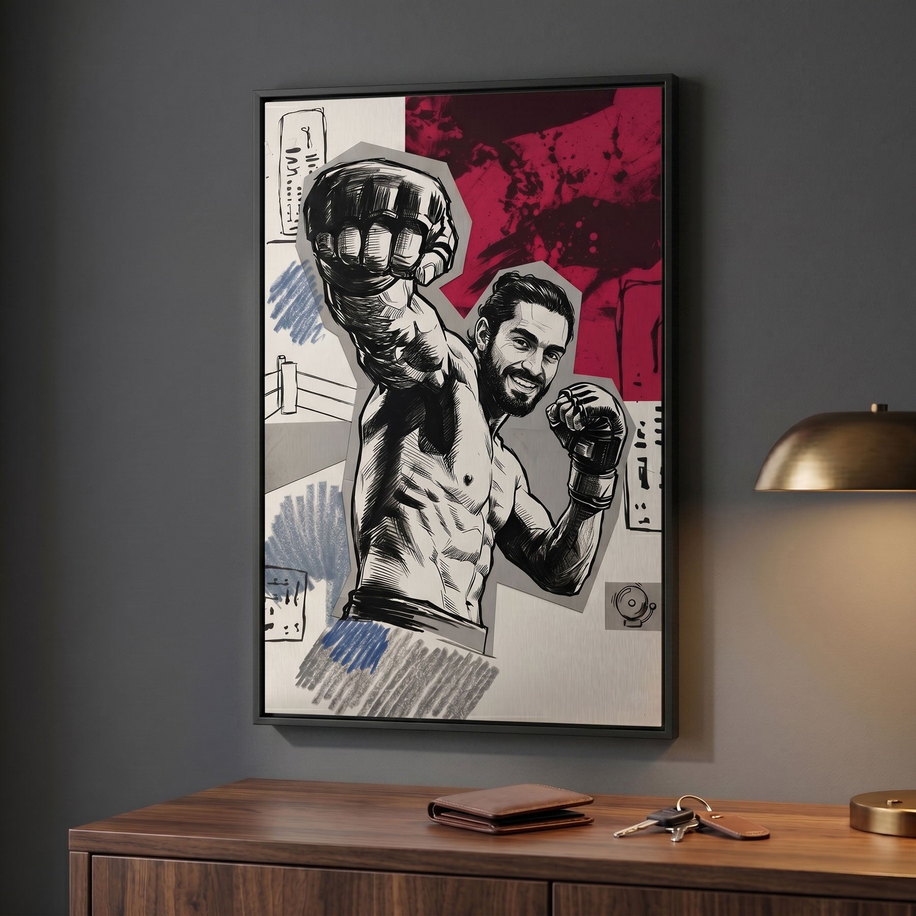 Custom fighter portrait in comic book style printed on black framed canvas — personalized wall art from your photo