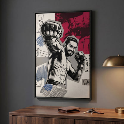 Custom fighter portrait in comic book style printed on black framed canvas — personalized wall art from your photo