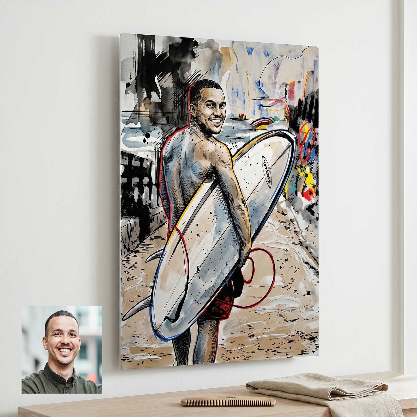 Custom surfer portrait in urban sketch style printed on metal — personalized wall art from your photo