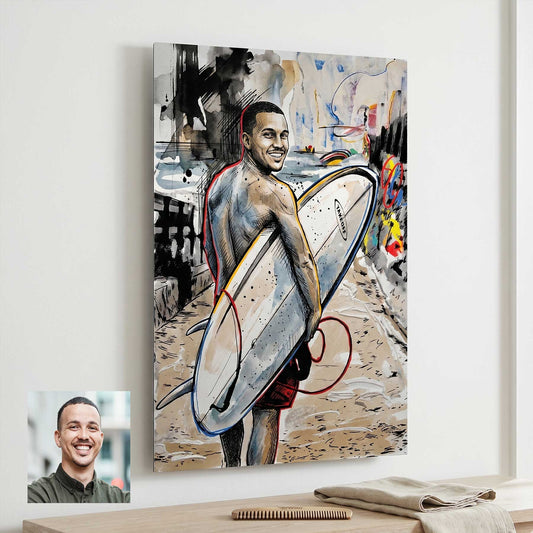 Custom surfer portrait in urban sketch style printed on metal — personalized wall art from your photo