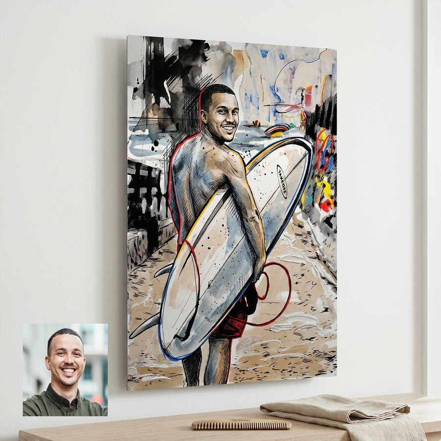 Custom surfer portrait in urban sketch style printed on metal — personalized wall art from your photo