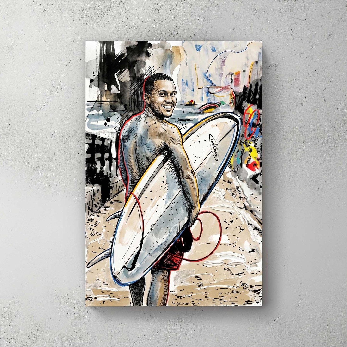 Custom surfer portrait in urban sketch style — personalized wall art from your photo
