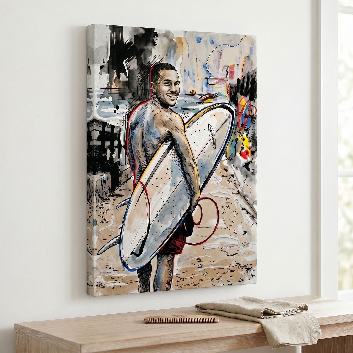 Custom surfer portrait in urban sketch style printed on canvas — personalized wall art from your photo