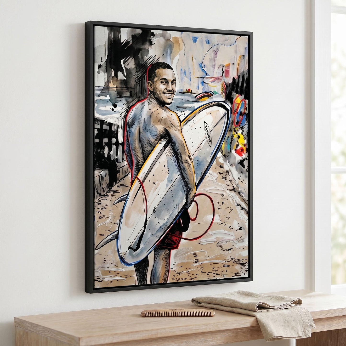 Custom surfer portrait in urban sketch style printed on black framed canvas — personalized wall art from your photo