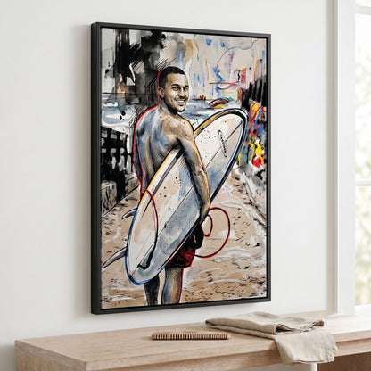 Custom surfer portrait in urban sketch style printed on black framed canvas — personalized wall art from your photo