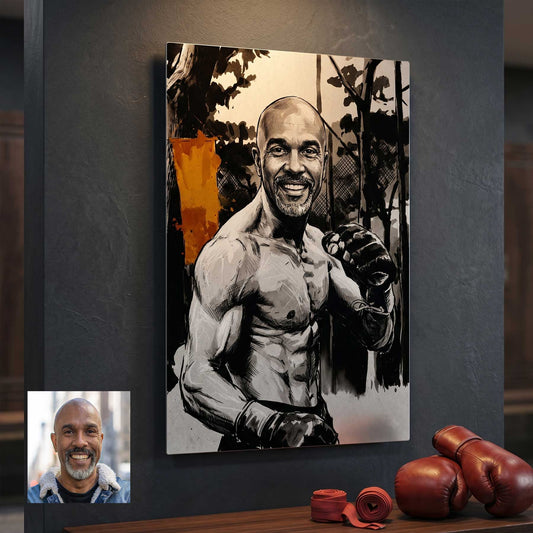 Custom martial arts portrait in bold ink style printed on metal — personalized wall art from your photo