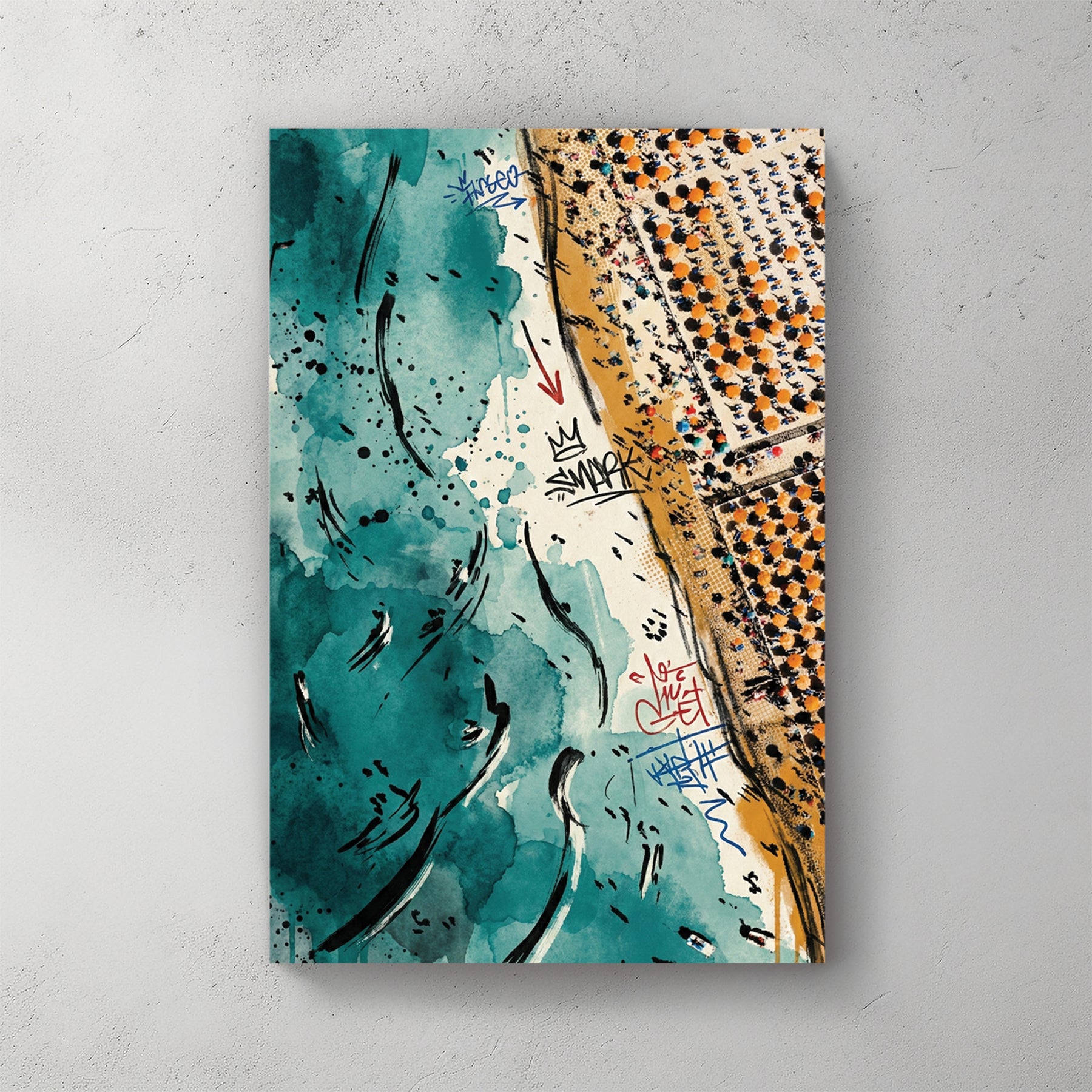 Aerial of packed beach: bright sand, orange umbrellas, teal water folding into shore, pink and black graffiti tags scrawled across the whole composition — canvas wall art print