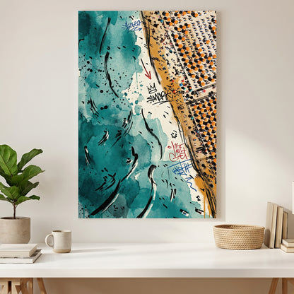 Aerial Coastline Teal Coastal canvas wall art print styled in a modern interior