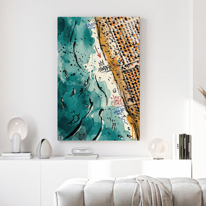 Aerial Coastline Teal Coastal canvas wall art print above a sofa in a contemporary living room