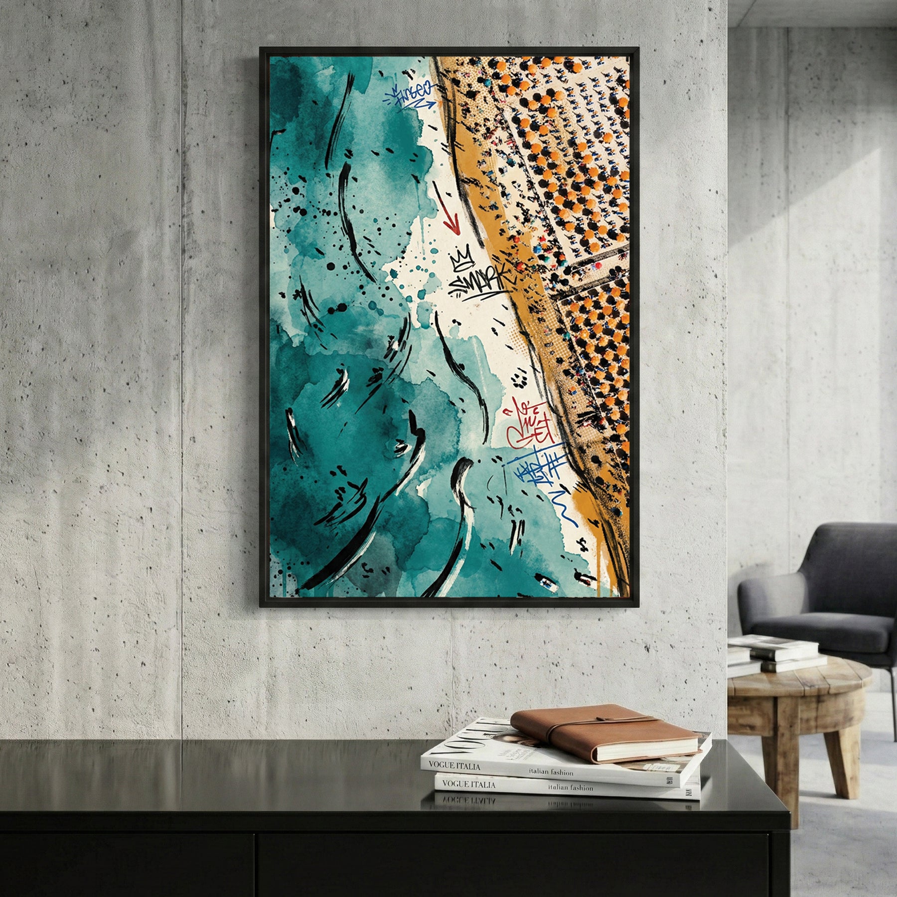 Aerial Coastline Teal Coastal framed canvas wall art print in a gallery-style display
