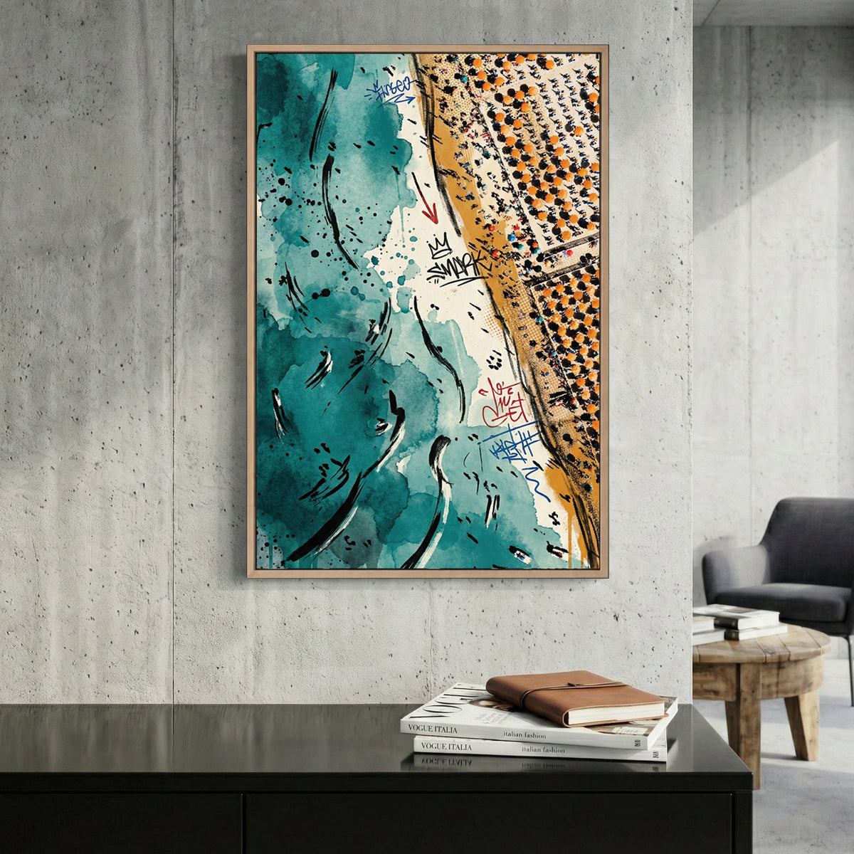 Aerial Coastline Teal Coastal canvas wall art print displayed in a styled living room
